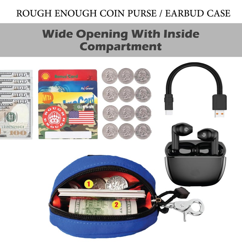 RE ROUGH ENOUGH Rough Enough Small Coin Purse and Card Holder with Clip â€“ Waterproof Canvas & YKK Zipper â€“ Compact Organizer for Earbuds, Cards, Cash (Blue) - Image 3