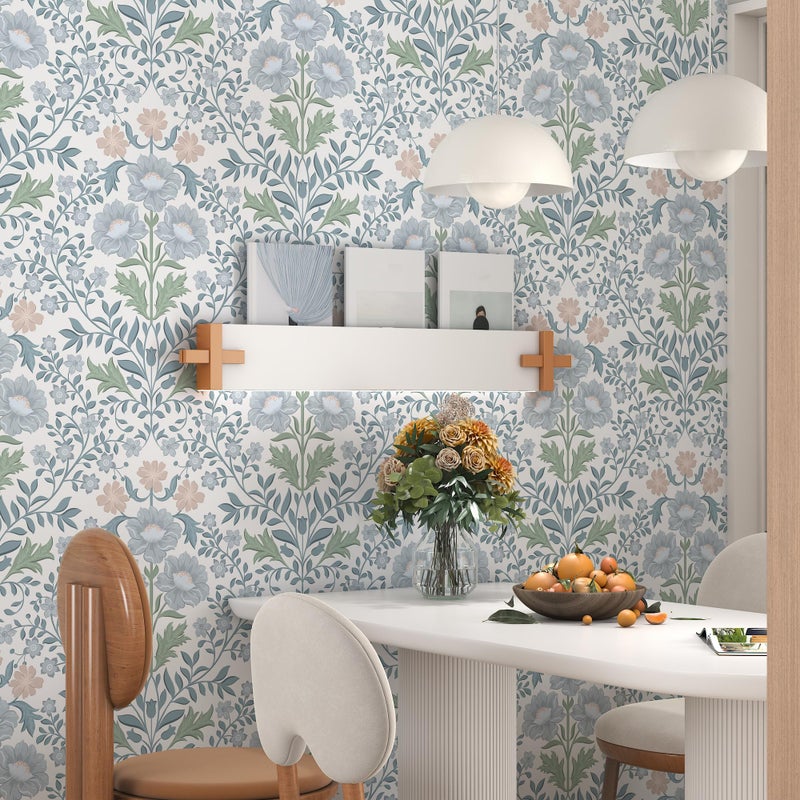 PeonyQueen Floral Wallpaper Peel and Stick Wallpaper 17.3"x78.8" Boho Contact Paper Removable Self Adhesive Wall Paper for Bathroom Bedroom Blue and White Wildflower Wallpapers for Walls Home Decorate Vinyl - Image 4