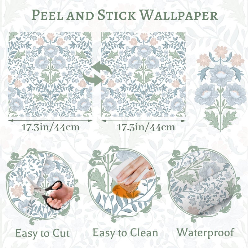 PeonyQueen Floral Wallpaper Peel and Stick Wallpaper 17.3"x78.8" Boho Contact Paper Removable Self Adhesive Wall Paper for Bathroom Bedroom Blue and White Wildflower Wallpapers for Walls Home Decorate Vinyl - Image 3