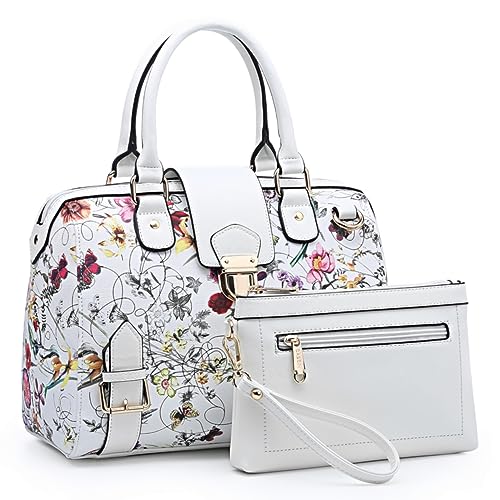 Dasein Women Barrel Handbags Fashion Satchel Bags Top Handle Shoulder Purses Vegan Leather Work Tote (White Floral) - Image 1