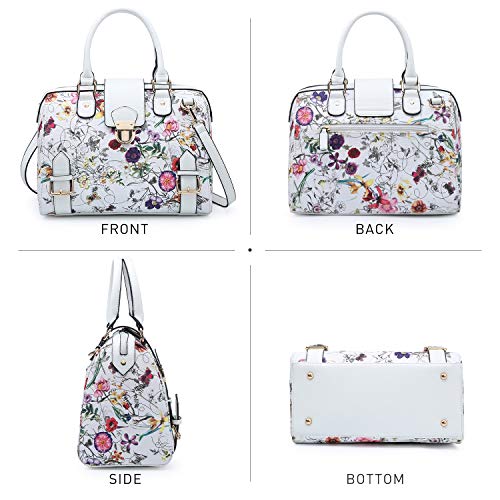 Dasein Women Barrel Handbags Fashion Satchel Bags Top Handle Shoulder Purses Vegan Leather Work Tote (White Floral) - Image 2