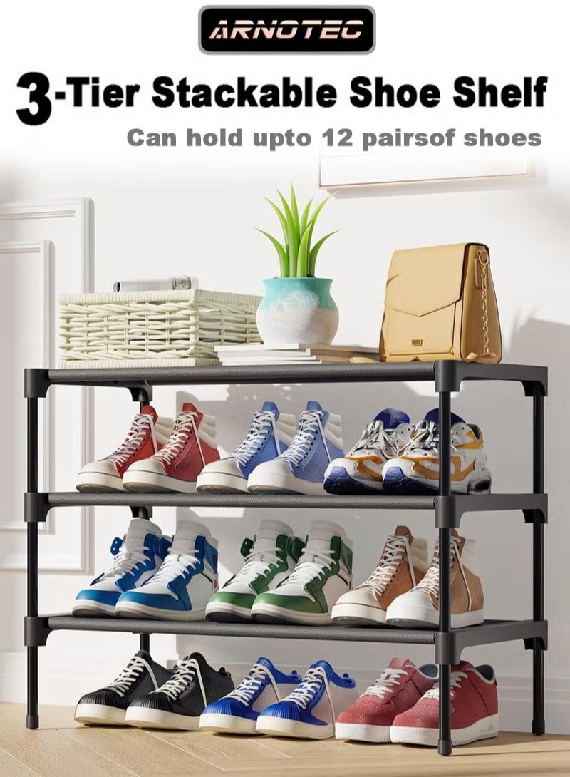 ARNOTEC Shoe Rack Organizer for Closet & Entryway – 3-Tier Stackable Shoe Shelf with Sturdy Metal Frame and Non-Woven Fabric, Freestanding Shoe Storage Rack for Garage, Corridor, Bedroom （70*30*46cm）– Black - Image 1