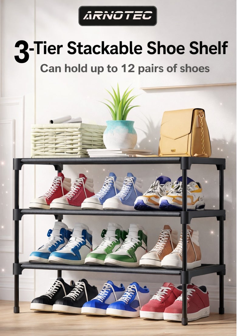 ARNOTEC منظم رف الأحذية للدواليب ومدخل المنزل - رف أحذية قابل للتكديس 3 طبقات مع إطار معدني قوي وقماش غير منسوج، رف تخزين أحذية قائم بذاته للمرآب، الممر، غرفة النوم (70*30*46 سم) - أسود - Image 1