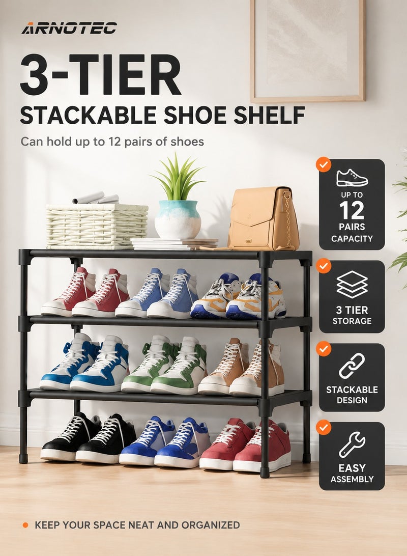 ARNOTEC Shoe Rack Organizer for Closet & Entryway – 3-Tier Stackable Shoe Shelf with Sturdy Metal Frame and Non-Woven Fabric, Freestanding Shoe Storage Rack for Garage, Corridor, Bedroom （70*30*46cm）– Black - Image 1