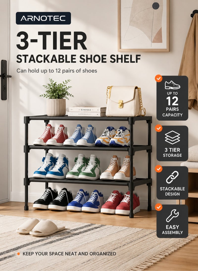ARNOTEC Shoe Rack Organizer for Closet & Entryway – 3-Tier Stackable Shoe Shelf with Sturdy Metal Frame and Non-Woven Fabric, Freestanding Shoe Storage Rack for Garage, Corridor, Bedroom （70*30*46cm）– Black - Image 1