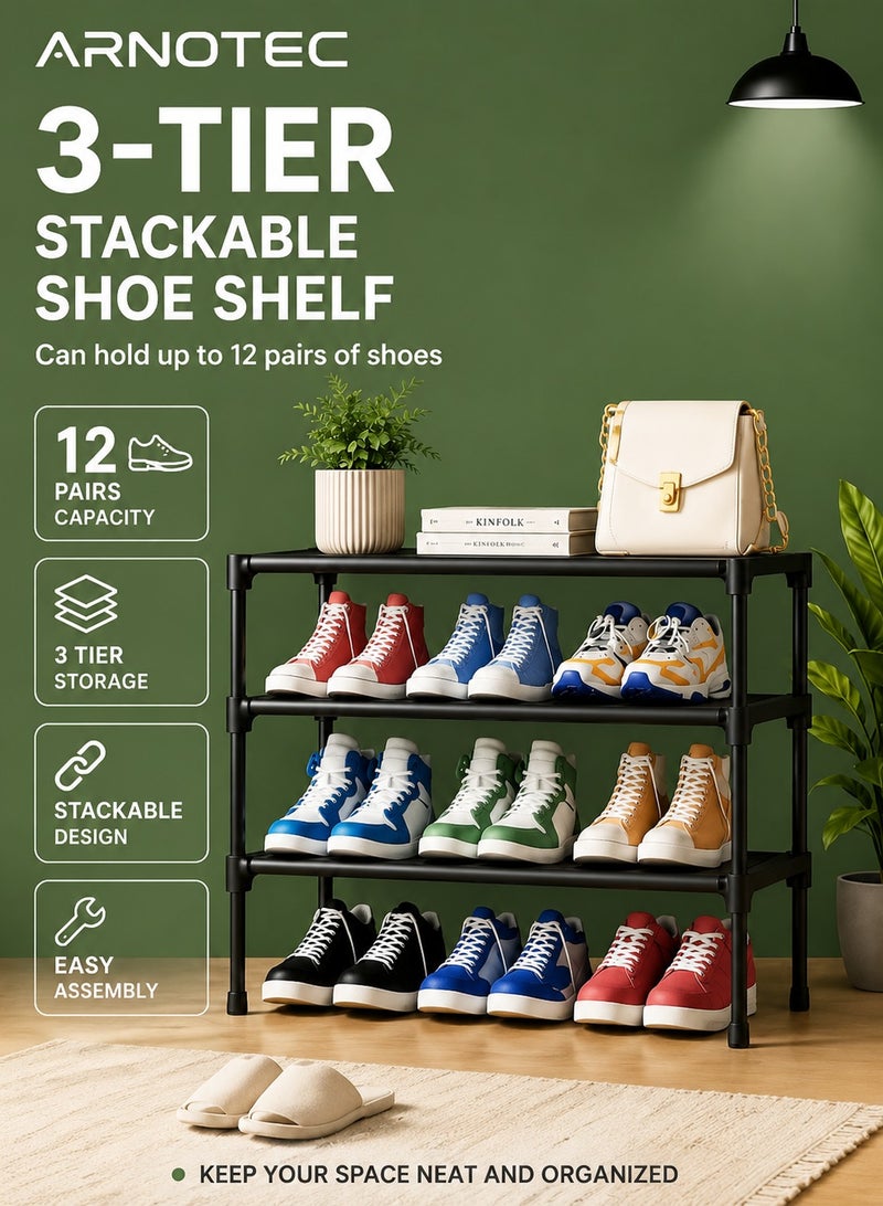 ARNOTEC Shoe Rack Organizer for Closet & Entryway – 3-Tier Stackable Shoe Shelf with Sturdy Metal Frame and Non-Woven Fabric, Freestanding Shoe Storage Rack for Garage, Corridor, Bedroom （70*30*46cm）– Black - Image 1