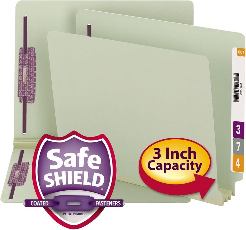 Smead مجلد ملف مع مشابك SafeSHIELD، 2 مشابك، توسع 3"، حجم حرف، رمادي/أخضر، 25 في العلبة (34725) - Image 1