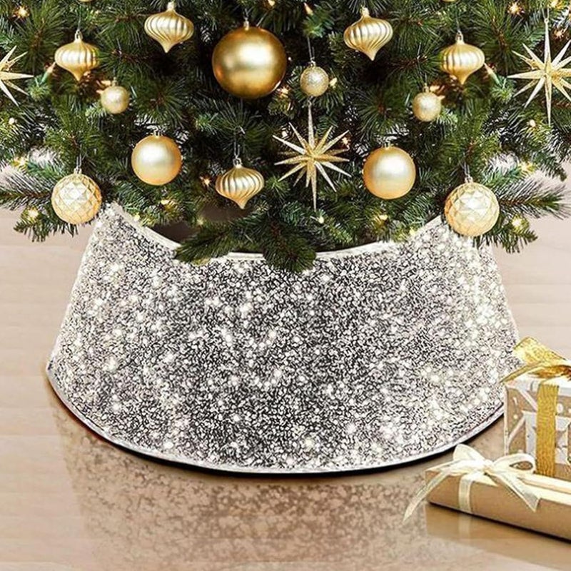 klarako Christmas Tree Collar Christmas Tree Skirt 23.6 Inch Diameter Round Glittery Sequin Tree Skirts Velvet Xmas Tree Ring Box Christmas Santa Tree Stand Base Cover for Winter Holiday Decor (White) - Image 1