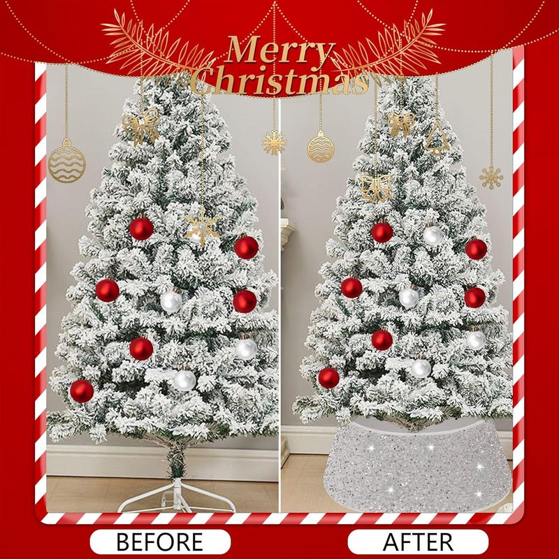 klarako Christmas Tree Collar Christmas Tree Skirt 23.6 Inch Diameter Round Glittery Sequin Tree Skirts Velvet Xmas Tree Ring Box Christmas Santa Tree Stand Base Cover for Winter Holiday Decor (White) - Image 3