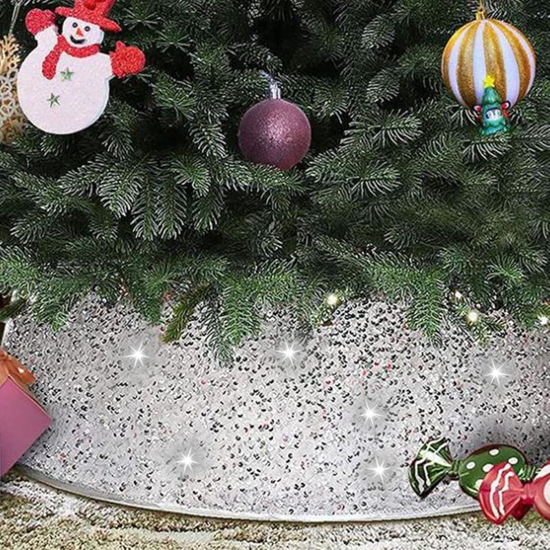 klarako Christmas Tree Collar Christmas Tree Skirt 23.6 Inch Diameter Round Glittery Sequin Tree Skirts Velvet Xmas Tree Ring Box Christmas Santa Tree Stand Base Cover for Winter Holiday Decor (White) - Image 2