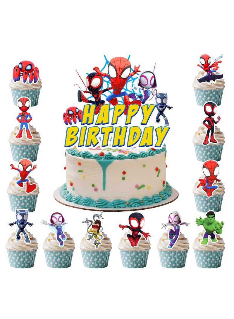 إيلوفهابرتي 25 قطعة من زينة الكيك على شكل سبايدرمان وأصدقائه، 24 قطعة من زينة الكب كيك على شكل سبايدرمان وقطعة واحدة من زينة الكيك الكبيرة على شكل سبايدرمان لزينة حفلة عيد ميلاد سبايدرمان وأصدقائه - Image 1