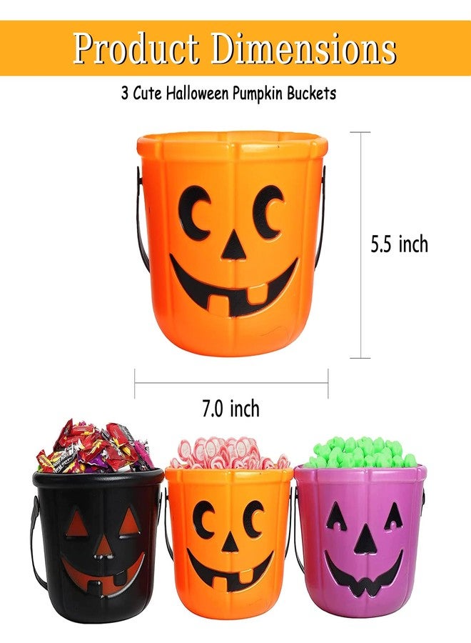 KEPATO Halloween Pumpkin Candy Bucket, 3 Pack 7 Inch Large Plastic Trick or Treat Basket, Portable Halloween Candy Pumpkin Pails for Halloween Party Decor Favors - Image 2