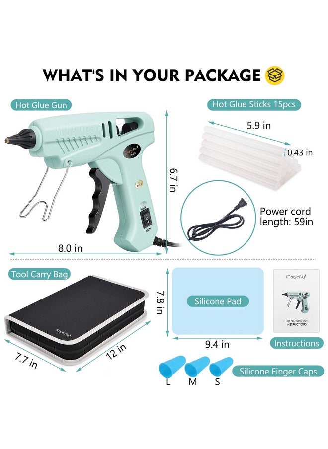 Magicfly 60/100W Hot Glue Gun Full Size With 15 Pcs Hot Glue Sticks (0.43 X 5.9 Inch) And Carry Case Dual Power High Temp Melt Glue Gun Kit With Finger Caps Mat For Arts Craft Household Green  - Image 2