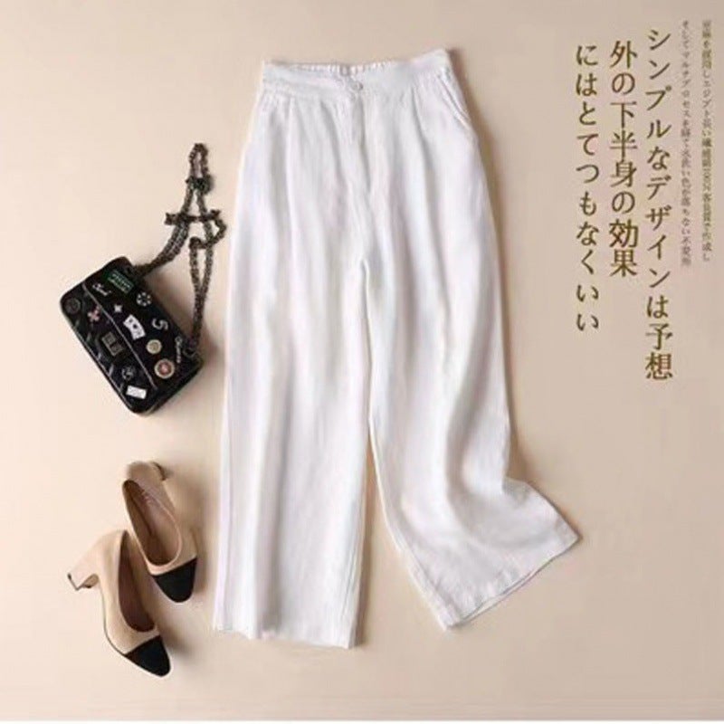 White Cotton And Linen Wide-Leg Pants For Women, Summer Thin Casual Cropped Plus-Size Loose Straight-Leg Linen Women'S Pants - Image 5