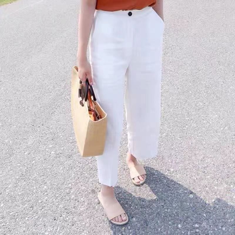 White Cotton And Linen Wide-Leg Pants For Women, Summer Thin Casual Cropped Plus-Size Loose Straight-Leg Linen Women'S Pants - Image 2