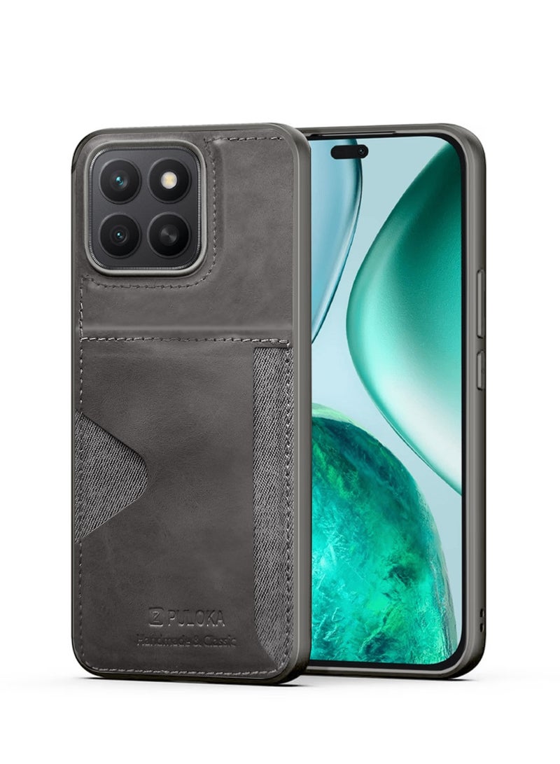 PULOKA Honor X8c 4G 2025 PULOKA Card Holder Skin-feel PU Leather Back Silicone Sides Case Cover - Grey - Image 1