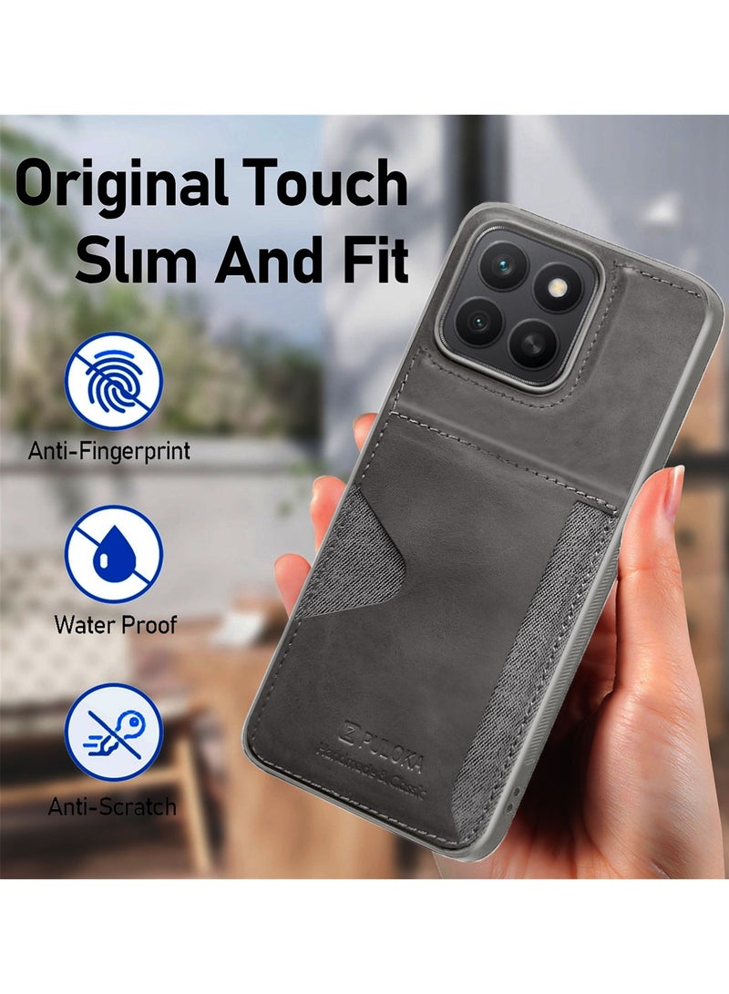 PULOKA Honor X8c 4G 2025 PULOKA Card Holder Skin-feel PU Leather Back Silicone Sides Case Cover - Grey - Image 2