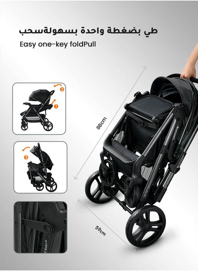Generic - Luxury Reversible High Landscape Baby Stroller, Comes with Large Meal Tray, One-Second Quick Folding, Excellent Shock Absorption System, 0-6 Years, 70KG Load Capacity, Black Travel Stroller - Image 1