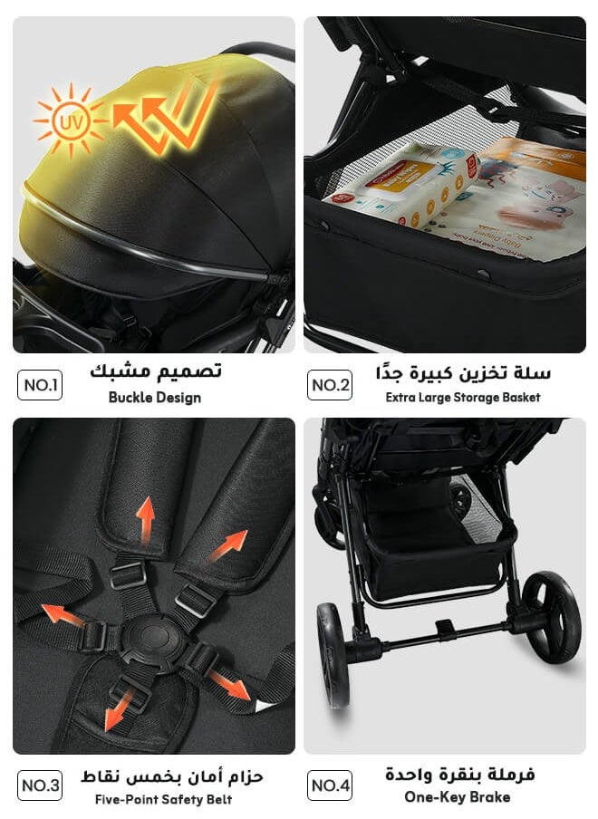 Generic - Luxury Reversible High Landscape Baby Stroller, Comes with Large Meal Tray, One-Second Quick Folding, Excellent Shock Absorption System, 0-6 Years, 70KG Load Capacity, Black Travel Stroller - Image 1