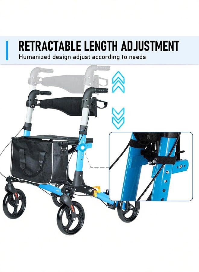 شو وو مشايات رولاتور لكبار السن، مشاية من الألومنيوم بمقعد وعجلات 8 بوصات، مشايات لكبار السن قابلة للطي مع مسند للظهر، مساعدة خفيفة الوزن على المشي، تتحمل وزن 330 رطلاً، لون أزرق - Image 3