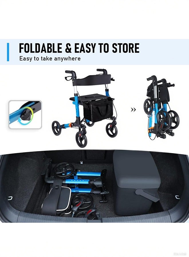 شو وو مشايات رولاتور لكبار السن، مشاية من الألومنيوم بمقعد وعجلات 8 بوصات، مشايات لكبار السن قابلة للطي مع مسند للظهر، مساعدة خفيفة الوزن على المشي، تتحمل وزن 330 رطلاً، لون أزرق - Image 4