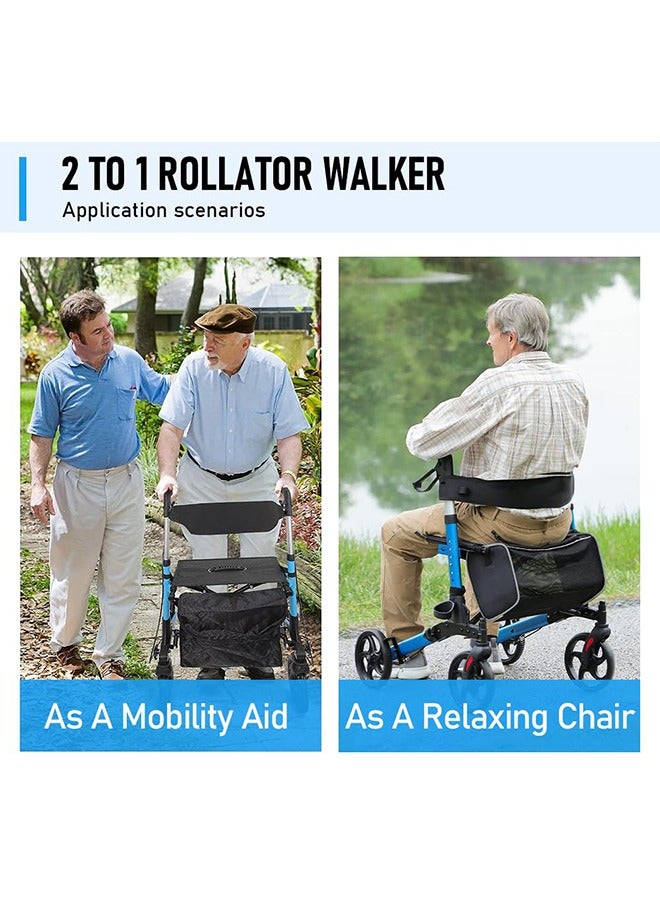 شو وو مشايات رولاتور لكبار السن، مشاية من الألومنيوم بمقعد وعجلات 8 بوصات، مشايات لكبار السن قابلة للطي مع مسند للظهر، مساعدة خفيفة الوزن على المشي، تتحمل وزن 330 رطلاً، لون أزرق - Image 5