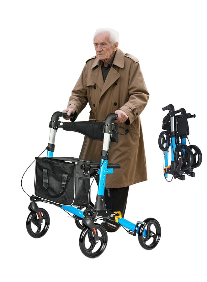 شو وو مشايات رولاتور لكبار السن، مشاية من الألومنيوم بمقعد وعجلات 8 بوصات، مشايات لكبار السن قابلة للطي مع مسند للظهر، مساعدة خفيفة الوزن على المشي، تتحمل وزن 330 رطلاً، لون أزرق - Image 1