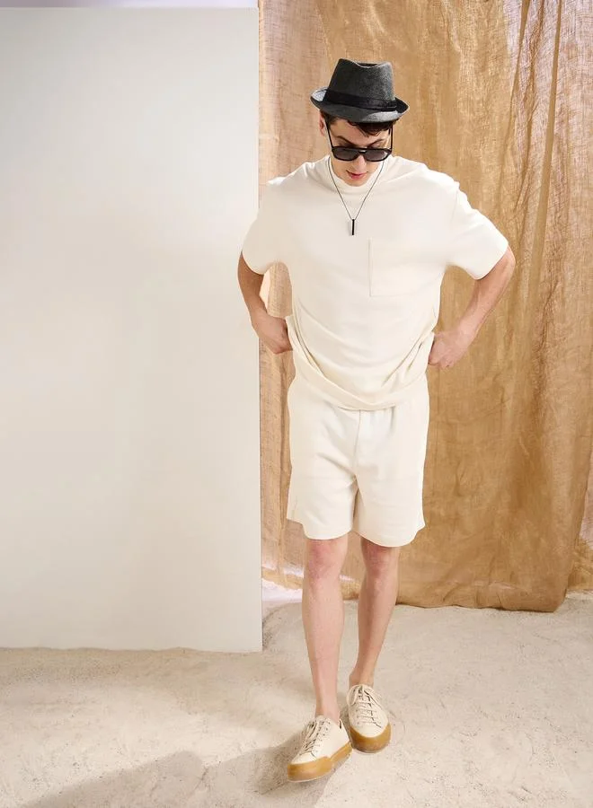 SASSAFRAS Sassafras Men White Waffle Textured Pocket Detail Oversized T-Shirt and Shorts Co-Ords