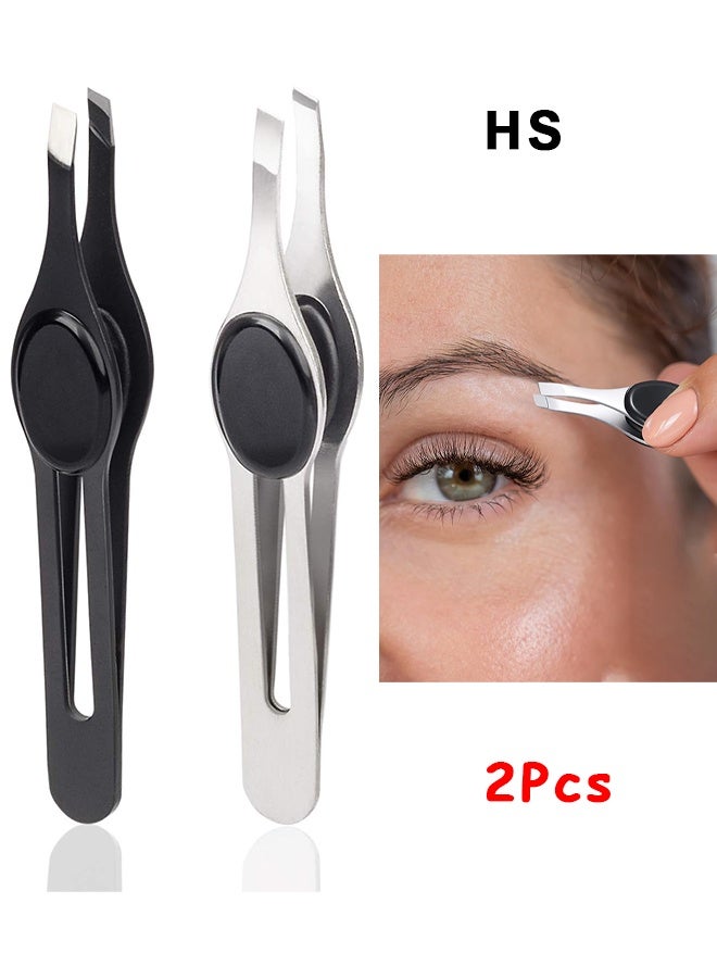 HS 2 Pcs Professional Non-Slip Grip Tip Eyebrow Tweezers, Non-Slip Grip Tip Tweezers, Stainless Steel Precision Pointed Blackhead Splinter Removal Tool, Eyebrow Tweezers Slanted Tweezers,for Eyebrow Shaping and Tweezing Facial And Body Hair (Black And Silver) - Image 1