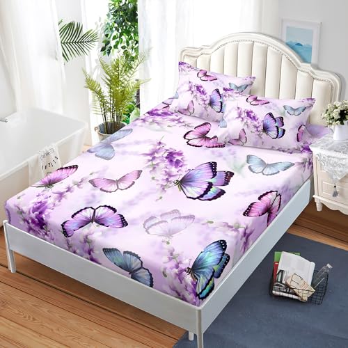 XYNHML Butterfly Lavender Fitted Sheet Deep Pocket Kids Colorful Butterfly Quilt Bed Sheet Twin for Kids Boys Girls Include 1 Fitted Sheets & 2 Pillowcases No Flat Sheet - Image 4