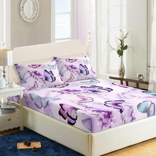 XYNHML Butterfly Lavender Fitted Sheet Deep Pocket Kids Colorful Butterfly Quilt Bed Sheet Twin for Kids Boys Girls Include 1 Fitted Sheets & 2 Pillowcases No Flat Sheet - Image 3