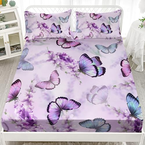XYNHML Butterfly Lavender Fitted Sheet Deep Pocket Kids Colorful Butterfly Quilt Bed Sheet Twin for Kids Boys Girls Include 1 Fitted Sheets & 2 Pillowcases No Flat Sheet - Image 1