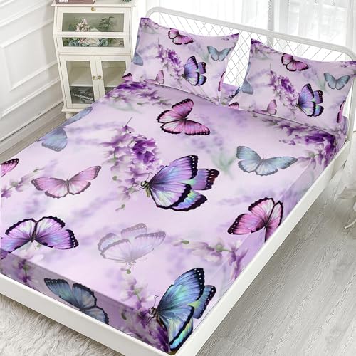 XYNHML Butterfly Lavender Fitted Sheet Deep Pocket Kids Colorful Butterfly Quilt Bed Sheet Twin for Kids Boys Girls Include 1 Fitted Sheets & 2 Pillowcases No Flat Sheet - Image 2
