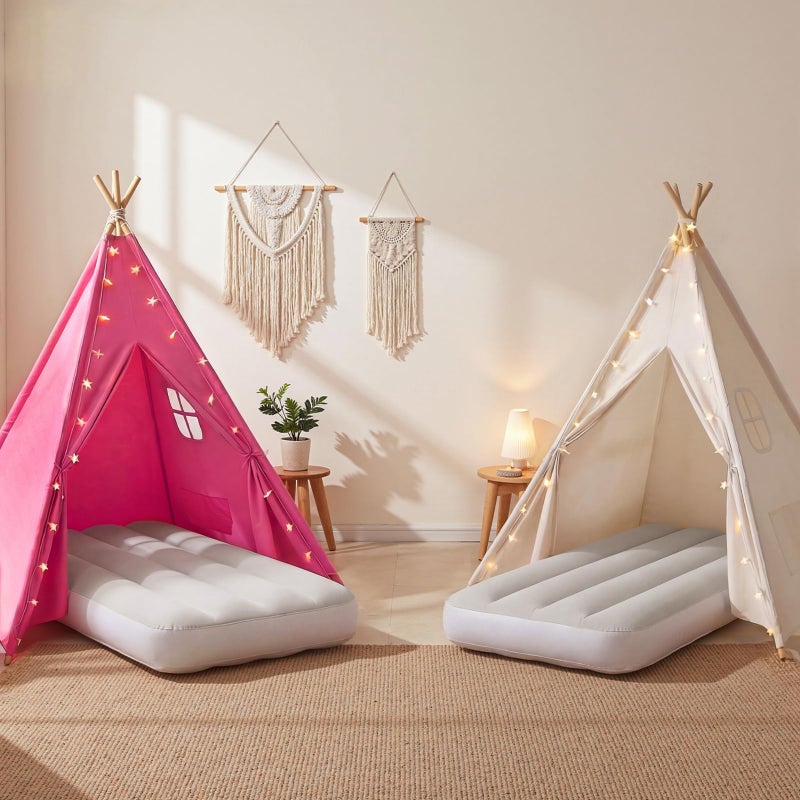 wilwolfer 2 Pack Teepee Tent for Kids with Inflatable Airbed Indoor Play Tent Foldable for Boys Girls Party Sleepover Slumber Gifts ToyWhite Rose Red - Image 3