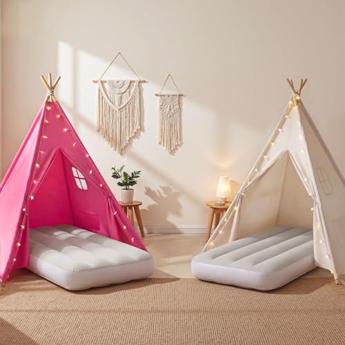 wilwolfer 2 Pack Teepee Tent for Kids with Inflatable Airbed Indoor Play Tent Foldable for Boys Girls Party Sleepover Slumber Gifts ToyWhite Rose Red - Image 1
