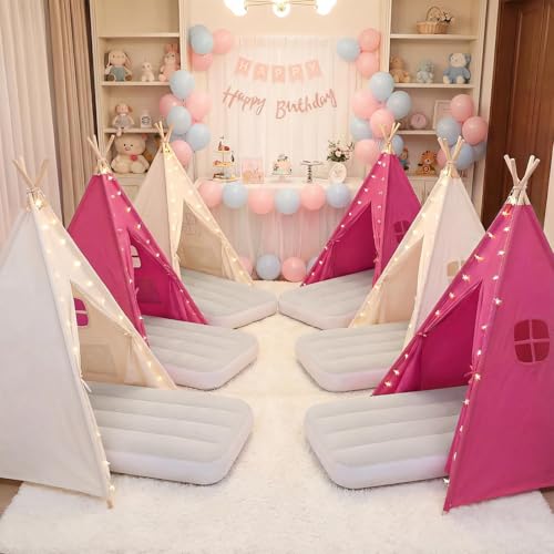 wilwolfer 2 Pack Teepee Tent for Kids with Inflatable Airbed Indoor Play Tent Foldable for Boys Girls Party Sleepover Slumber Gifts ToyWhite Rose Red - Image 5