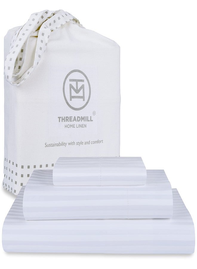 Threadmill 100% Cotton Sheets for Twin Size Bed - 600 Thread Count Twin Bed Sheets Set with 15” Deep Pocket - Damask Stripe Sateen Weave 3-Piece Bedding Set with Cooling Effect, White - Image 1