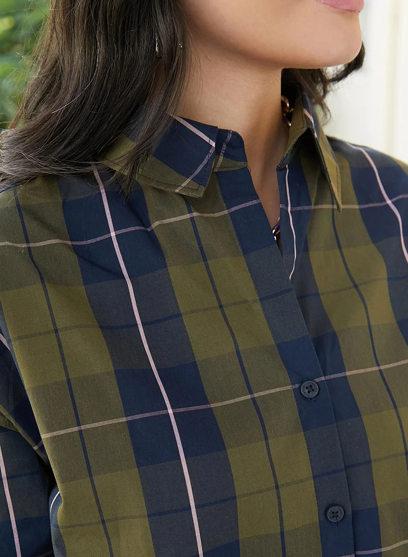 كامبوس سوترا Women's Army Green & Indigo Blue Tartan Plaid Oversized Shirt