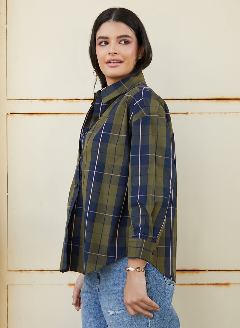 Campus Sutra Women's Army Green & Indigo Blue Tartan Plaid Oversized Shirt  - Image 3