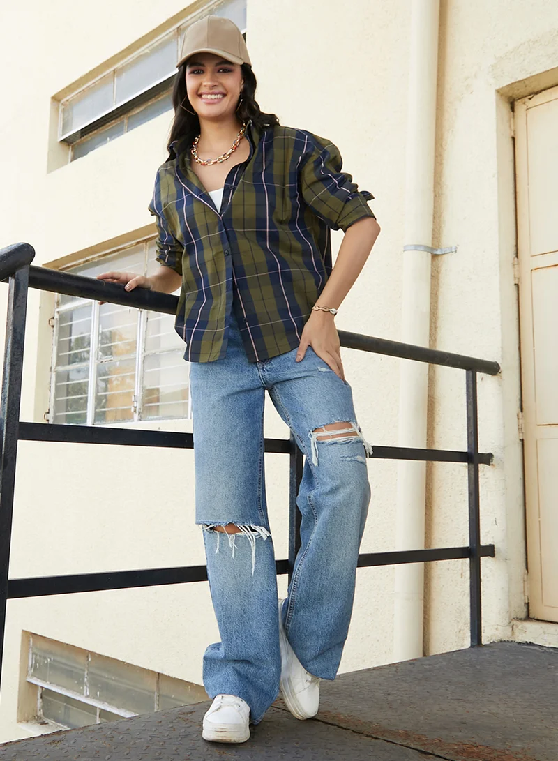 كامبوس سوترا Women's Army Green & Indigo Blue Tartan Plaid Oversized Shirt