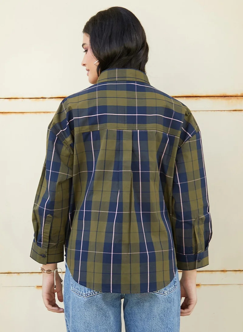 كامبوس سوترا Women's Army Green & Indigo Blue Tartan Plaid Oversized Shirt