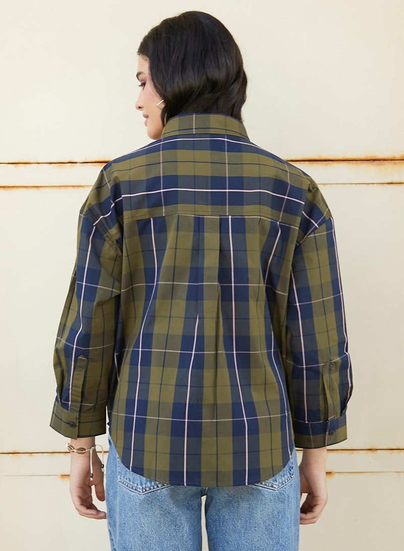 Campus Sutra Women's Army Green & Indigo Blue Tartan Plaid Oversized Shirt  - Image 5