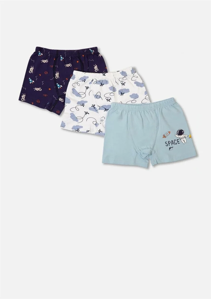 Defne Astronaut Pattern Printed Elastane Combed Cotton Boy 3-Piece Boxer Set