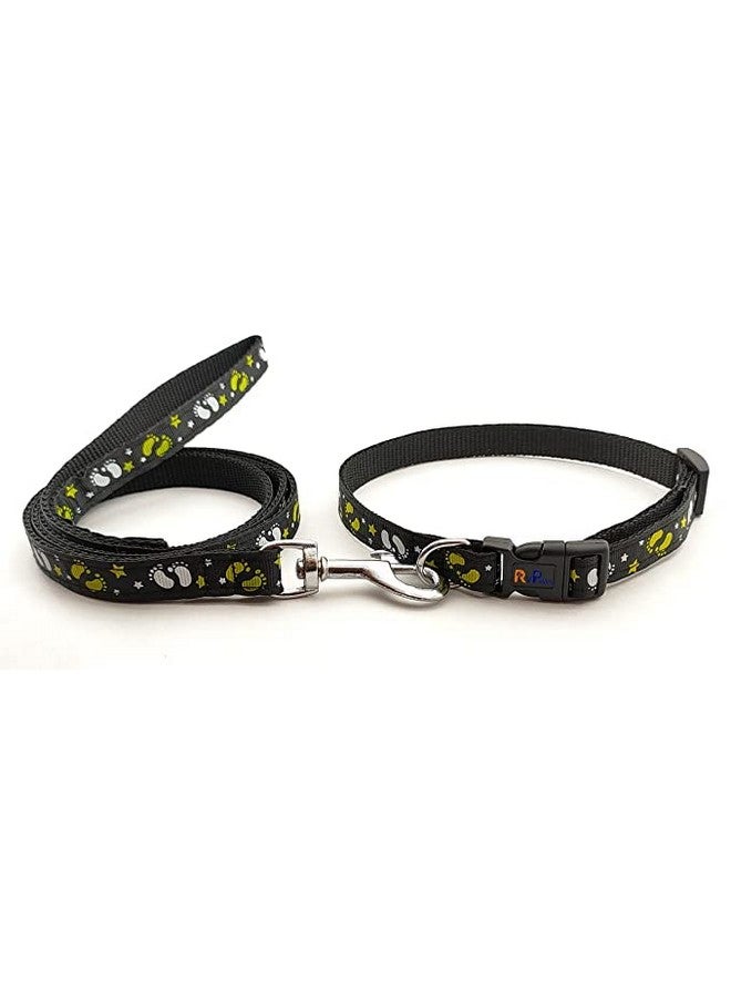 Dog Belt And Leash Set Printed 15 Mm- Adjustable Nylon Collar With Bell For Small And Medium Dogs, Quick Release And Breathable Collar And Leash Set For Puppies, Dog & Cat (Black, Pattern-2) - Image 1