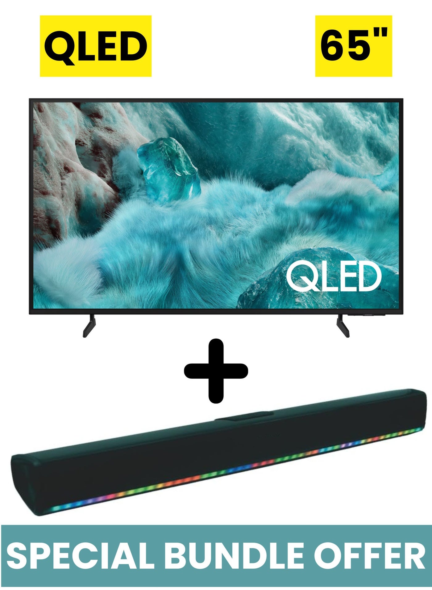 65 Inch QLED Q7F 4K Samsung Vision AI Smart TV (2025) + 2.0 Channel Portable Soundbar With Built In Battery & LED Lights | Tizen Smart TV QLED TV With Q4 AI Processor, 100% Color Volume, HDR10+, 4K AI Upscale, OTS Lite, Q-Symphony