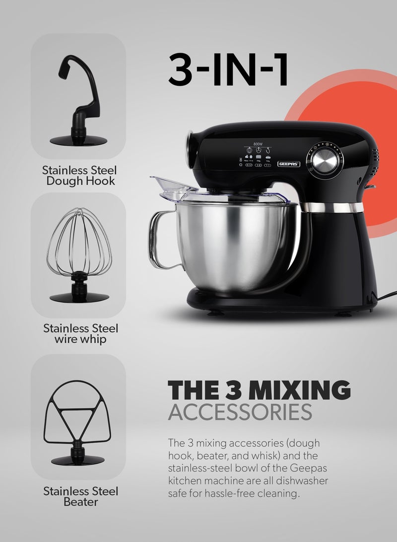 GEEPAS 3-In-1 Stand Mixer 5.0L With 800W Powerful Copper Motor, 12 Level Mixing Control/ 5 Liter Stainless Steel Bowl, ABS Body/ Perfect for Kneading Dough, Mixing Batter, Whisking Eggs, etc./ Includes a Hook, Beater Whisk, Splash Cover 5 L 800 W GSM43013N black - Image 3