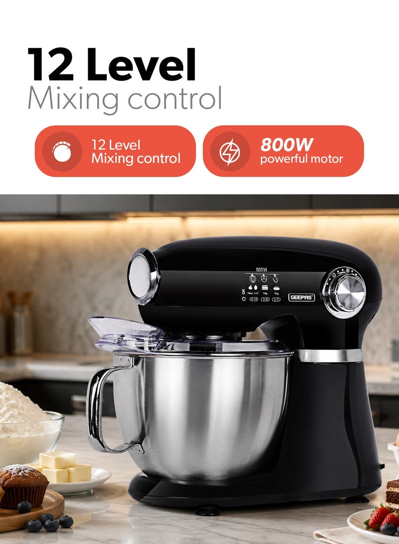 GEEPAS 3-In-1 Stand Mixer 5.0L With 800W Powerful Copper Motor, 12 Level Mixing Control/ 5 Liter Stainless Steel Bowl, ABS Body/ Perfect for Kneading Dough, Mixing Batter, Whisking Eggs, etc./ Includes a Hook, Beater Whisk, Splash Cover 5 L 800 W GSM43013N black - Image 2