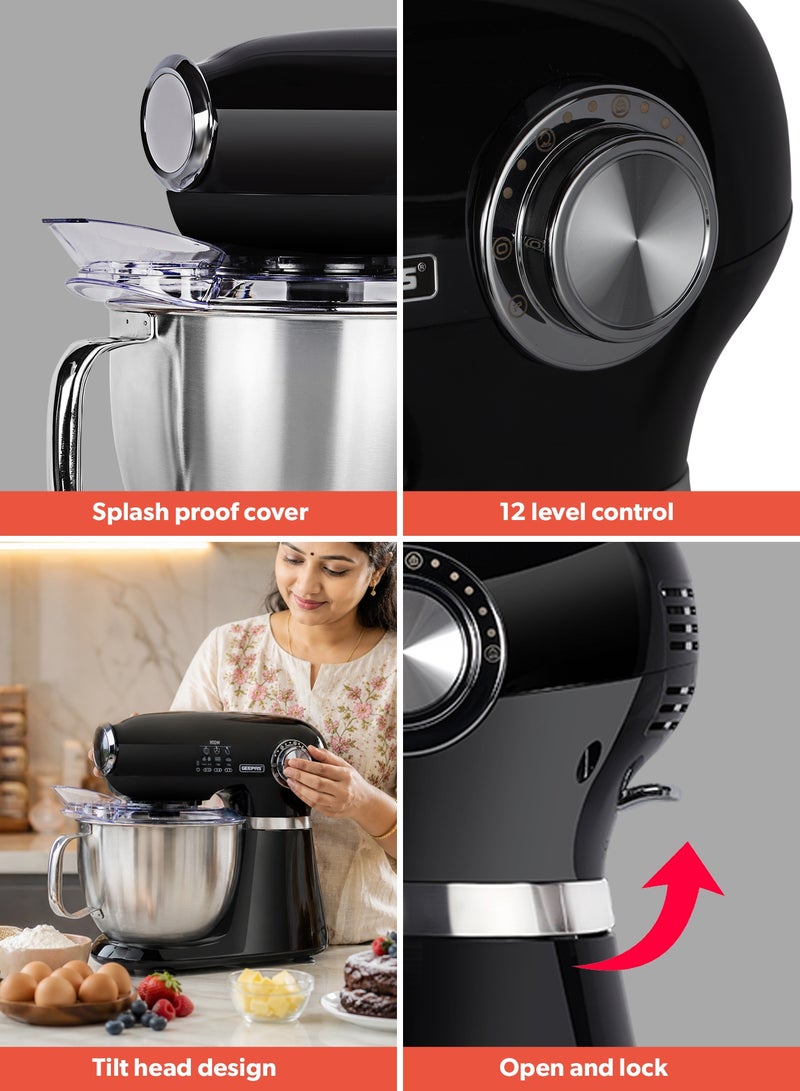 GEEPAS 3-In-1 Stand Mixer 5.0L With 800W Powerful Copper Motor, 12 Level Mixing Control/ 5 Liter Stainless Steel Bowl, ABS Body/ Perfect for Kneading Dough, Mixing Batter, Whisking Eggs, etc./ Includes a Hook, Beater Whisk, Splash Cover 5 L 800 W GSM43013N black - Image 5