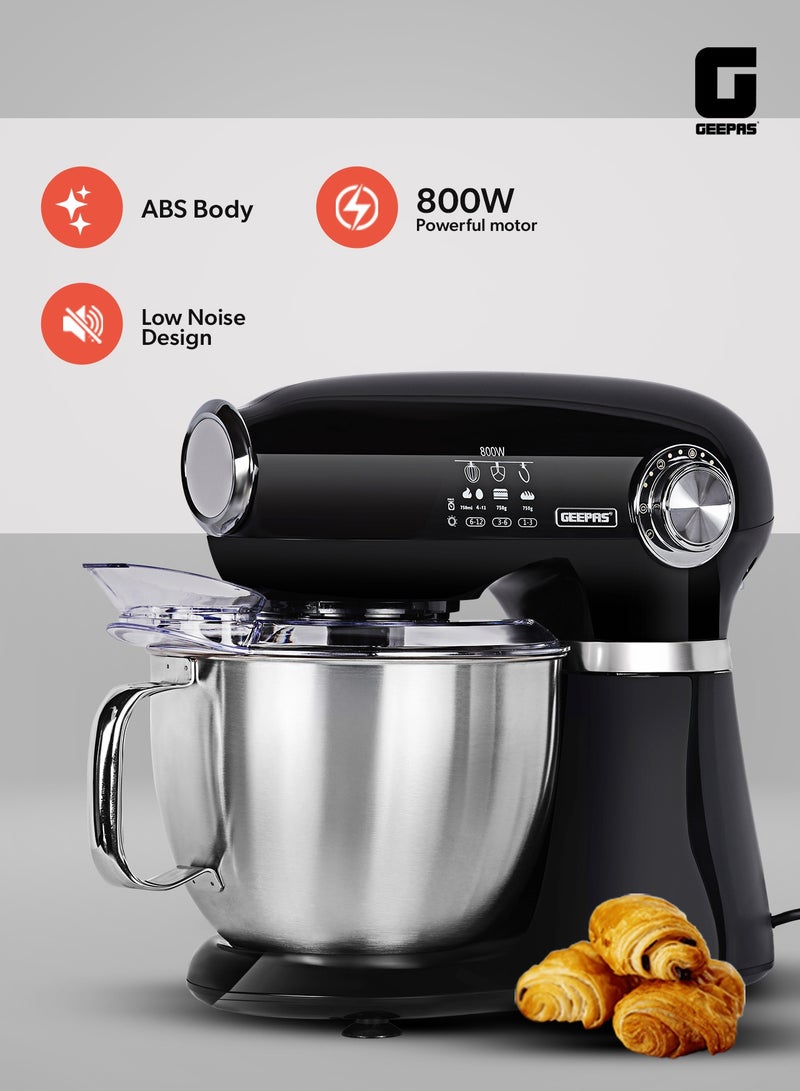 GEEPAS 3-In-1 Stand Mixer 5.0L With 800W Powerful Copper Motor, 12 Level Mixing Control/ 5 Liter Stainless Steel Bowl, ABS Body/ Perfect for Kneading Dough, Mixing Batter, Whisking Eggs, etc./ Includes a Hook, Beater Whisk, Splash Cover 5 L 800 W GSM43013N black - Image 4