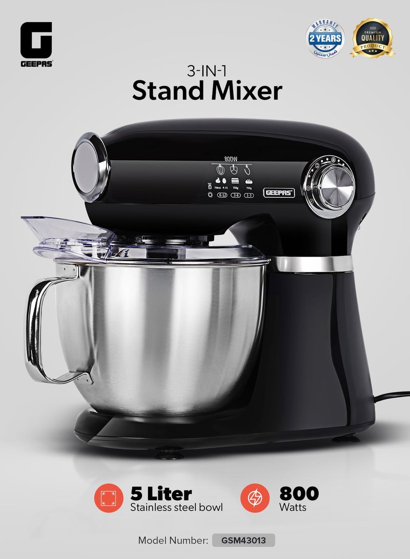 GEEPAS 3-In-1 Stand Mixer 5.0L With 800W Powerful Copper Motor, 12 Level Mixing Control/ 5 Liter Stainless Steel Bowl, ABS Body/ Perfect for Kneading Dough, Mixing Batter, Whisking Eggs, etc./ Includes a Hook, Beater Whisk, Splash Cover 5 L 800 W GSM43013N black - Image 1